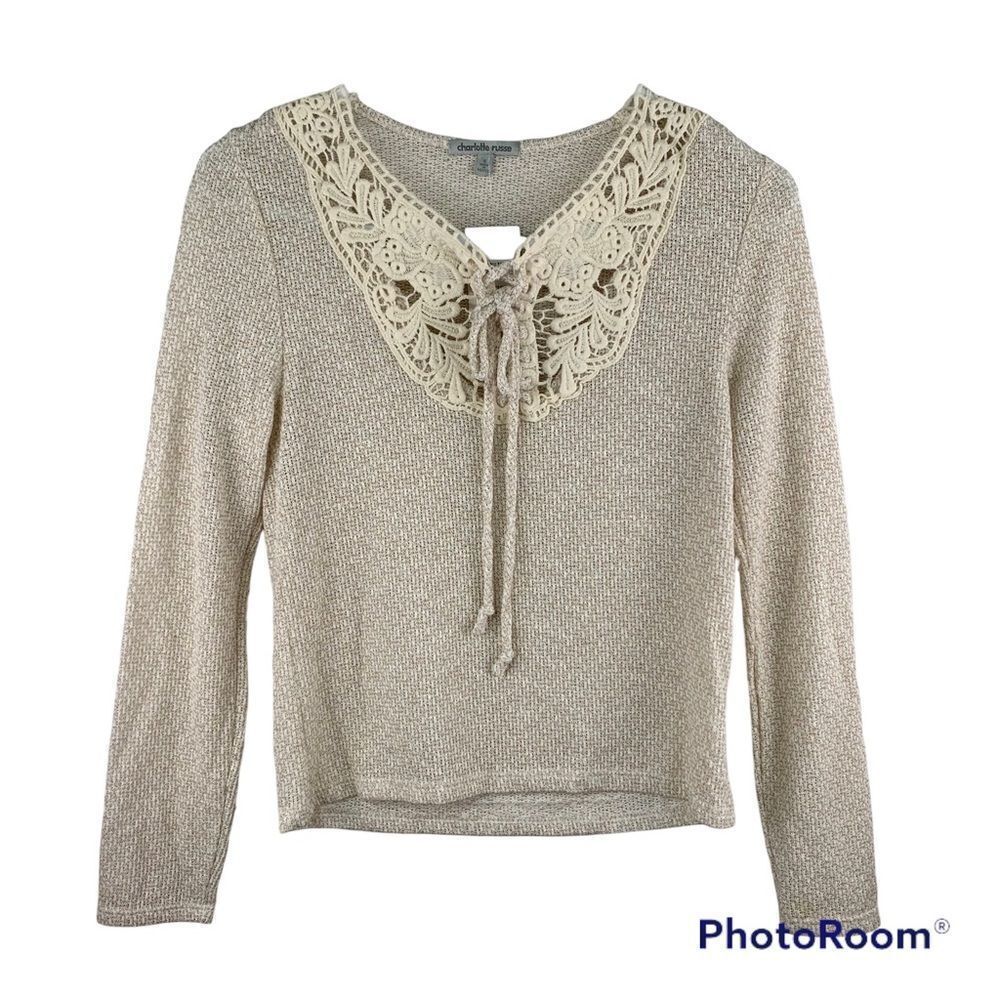 Charlotte Russe Cream Knit Crochet Detail Tie Neck Sweater Blouse Sz Small